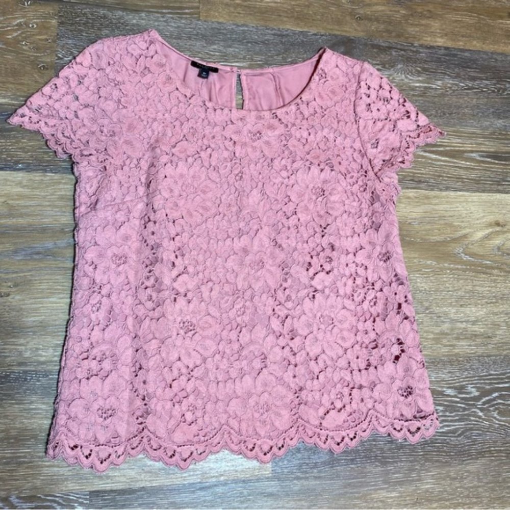 Talbots Women’s Top Crotched Lace Short Sleeve Blouse Lined Pink Side Zip SZ 8P